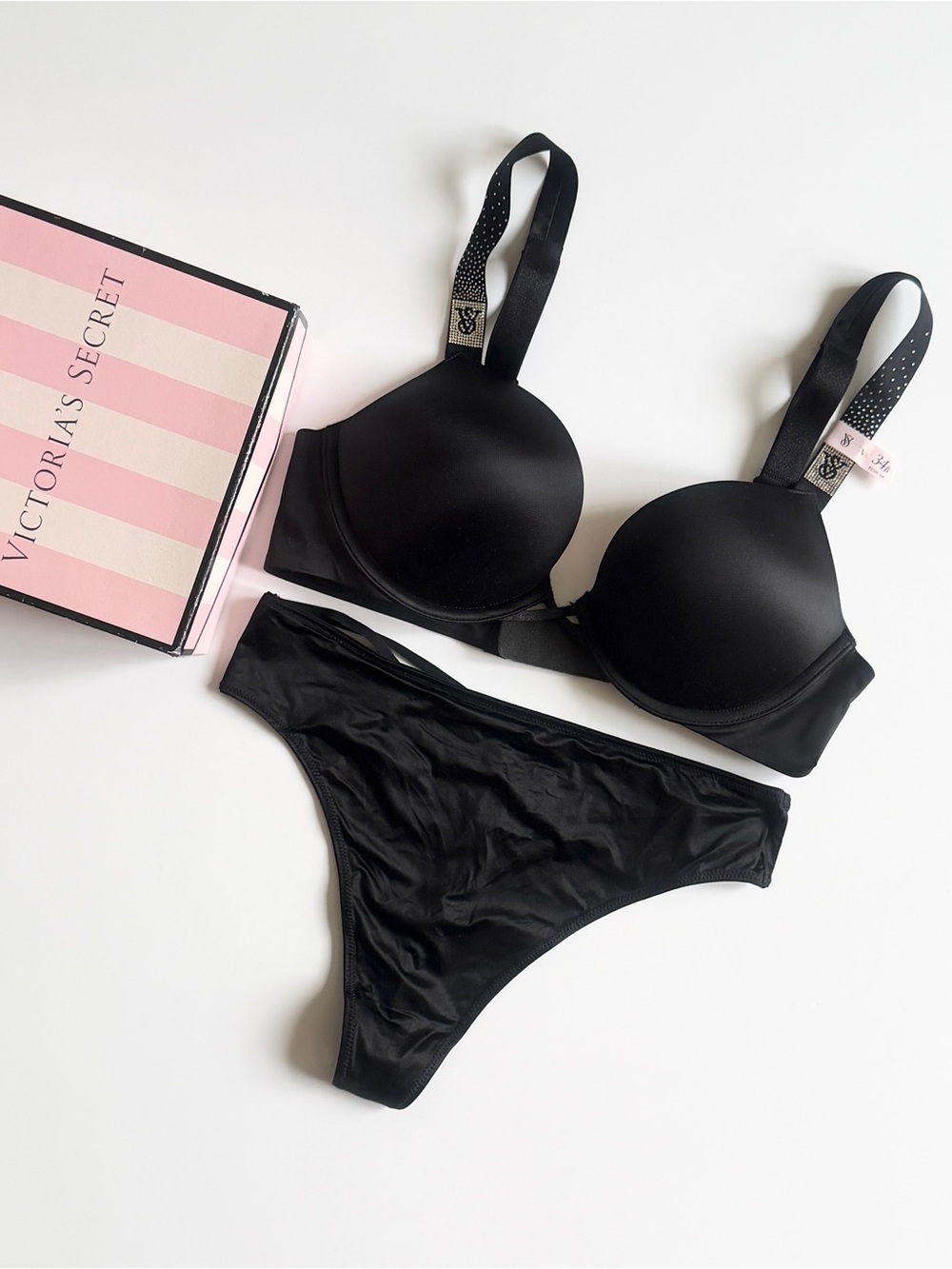 34B SMALL Victoria’s Secret black bling shine strap Bombshell bra set thong